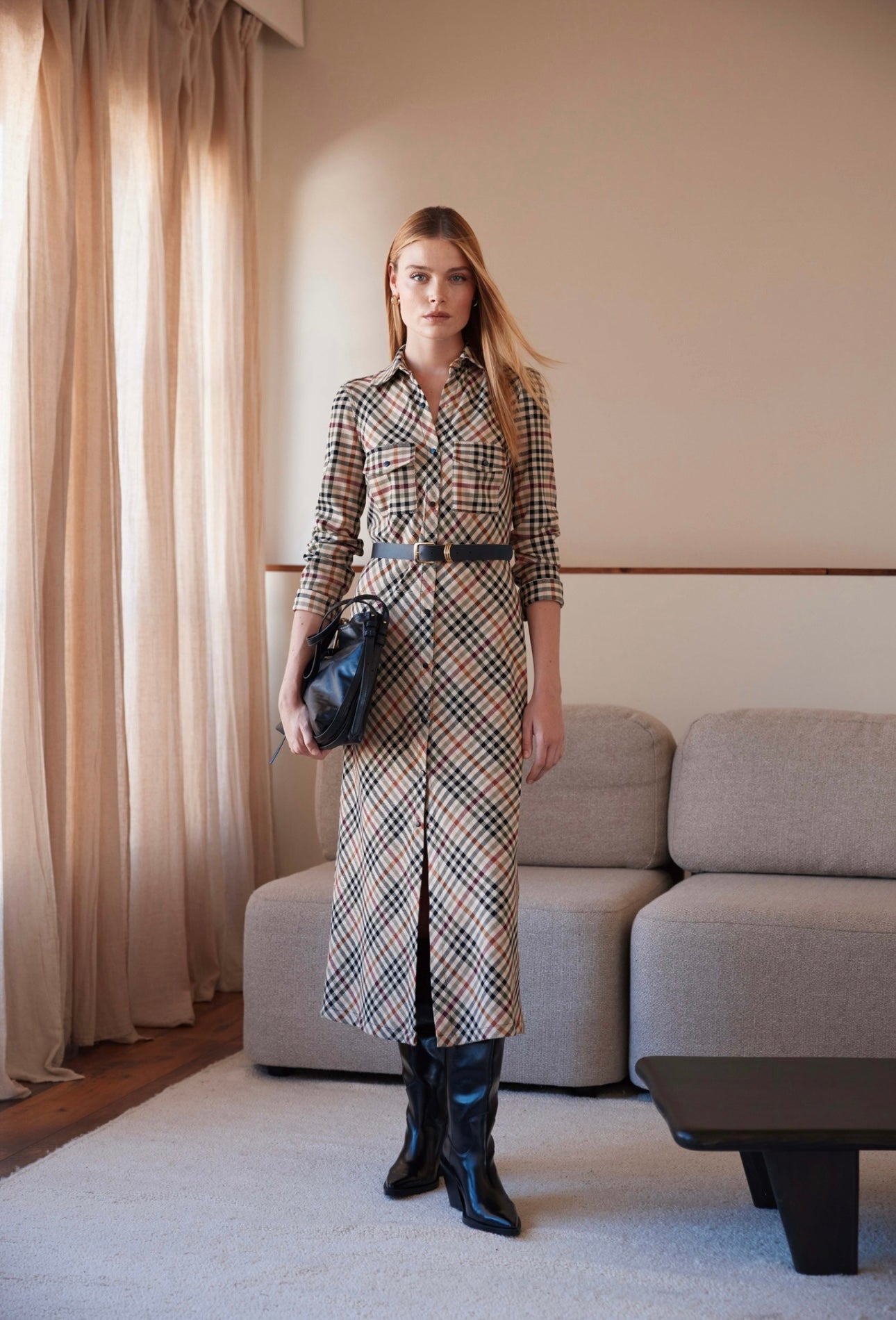 Arggido Camel Check Shirt Waister Dress – Style 49024