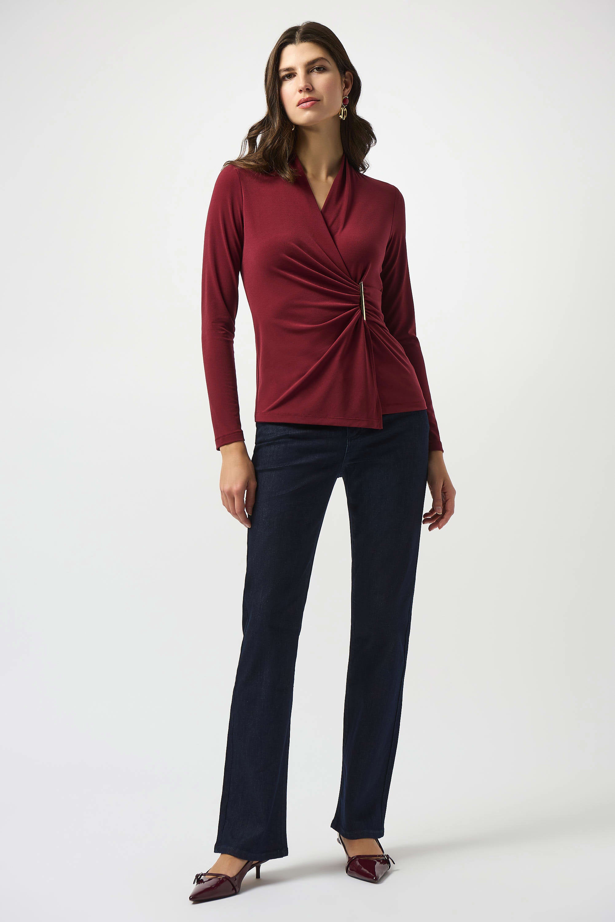 Joseph Ribkoff Crepe Fitted Wrap Top
253020 in Merlot A/W25