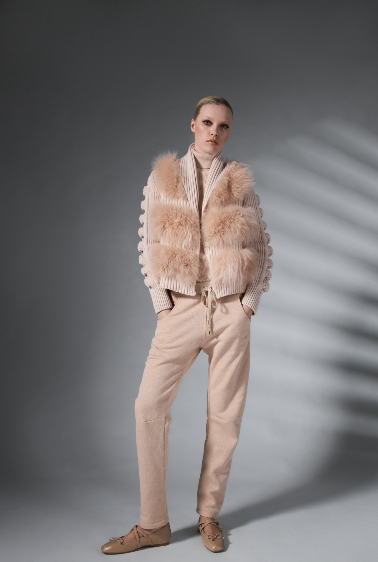 Tricot Chic Peach Rib Knit Jacket with Faux Fur Trim Style S231