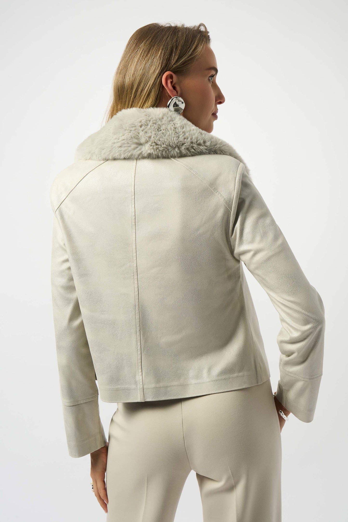 Joseph Ribkoff Foiled Suede Swing Jacket with Faux Fur Collar
253925 in Moonstone
