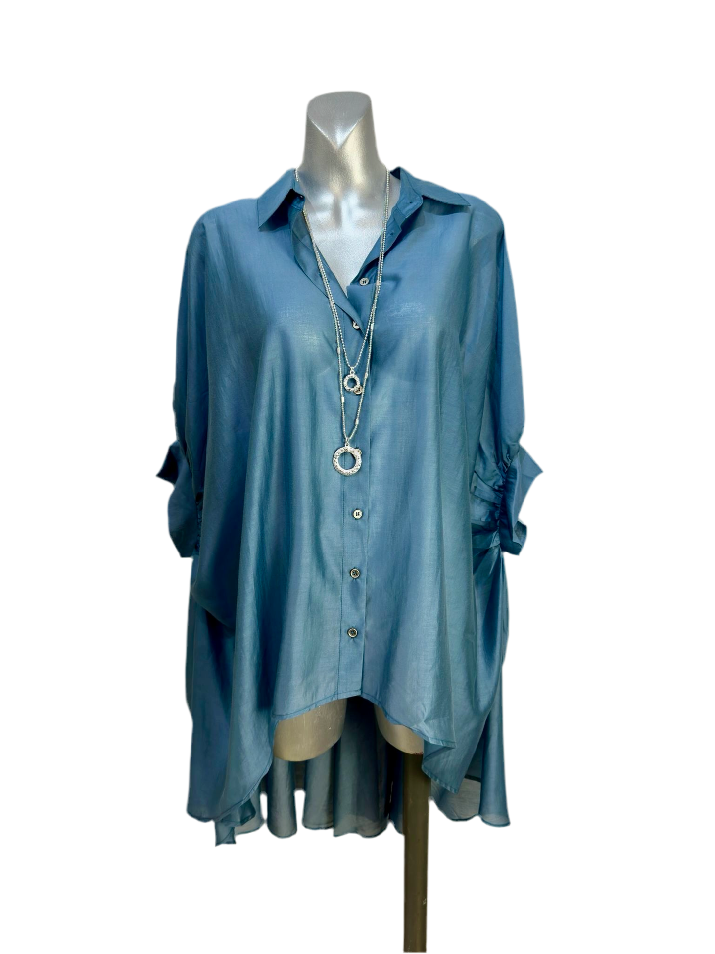 Malissa J Denim Blue Sheer Overshirt – Elegant High-Low Hem Blouse (One Size)