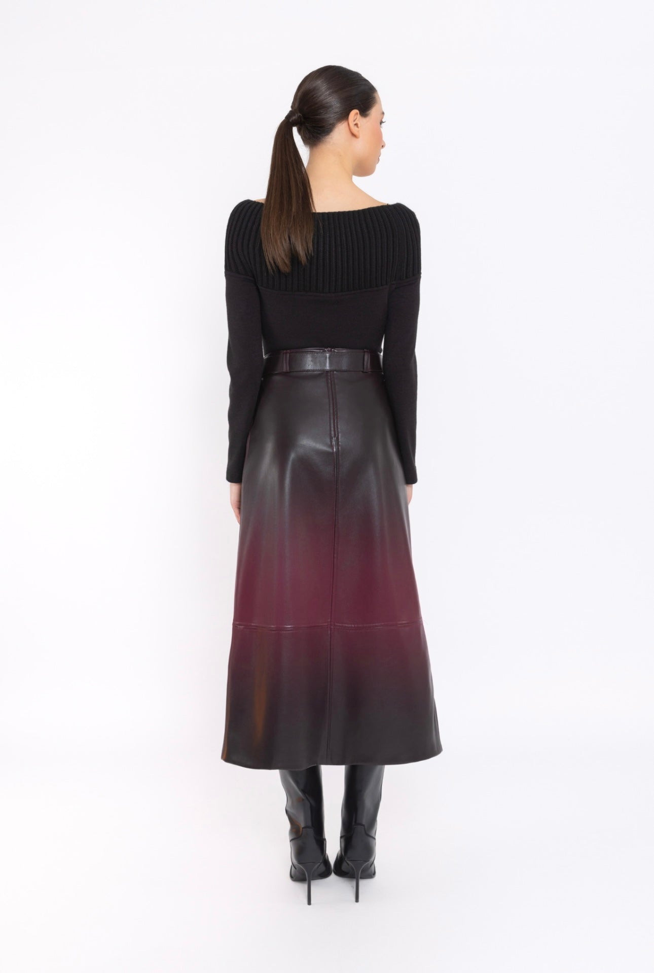 Arggido Faux Leather Belted Skirt – Black & Merlot, Style 49012