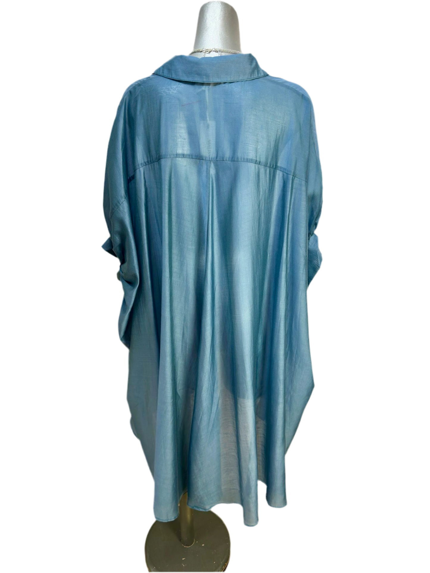 Malissa J Denim Blue Sheer Overshirt – Elegant High-Low Hem Blouse (One Size)