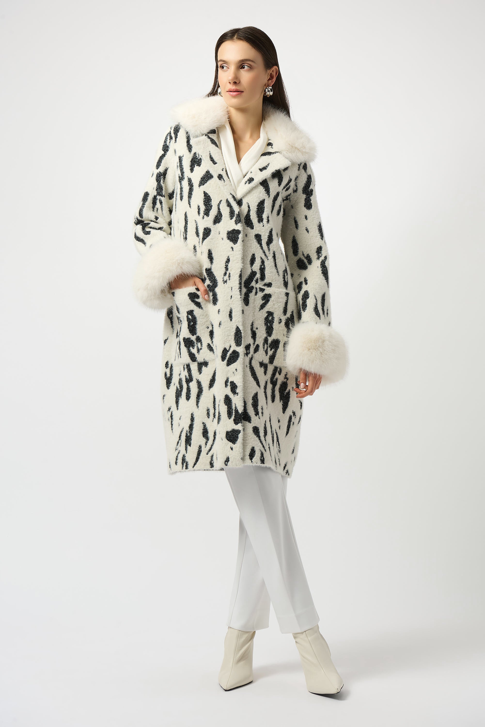 Joseph Ribkoff Feather Yarn Animal Jacquard Coat with Faux Fur Trim
253904