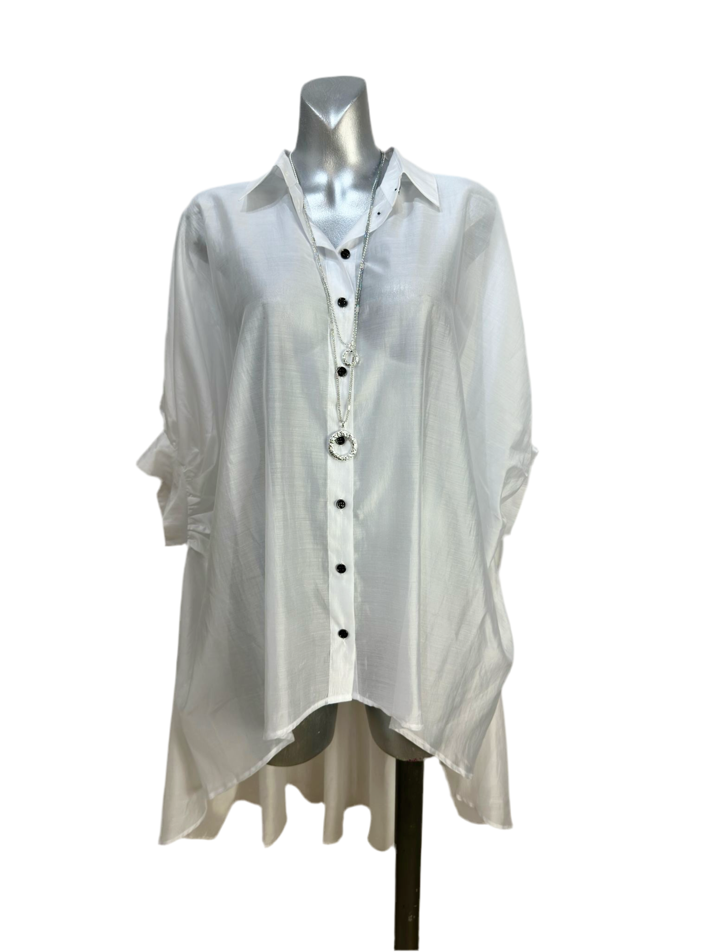 Malissa J White Sheer Overshirt – Elegant High-Low Hem Blouse (One Size)