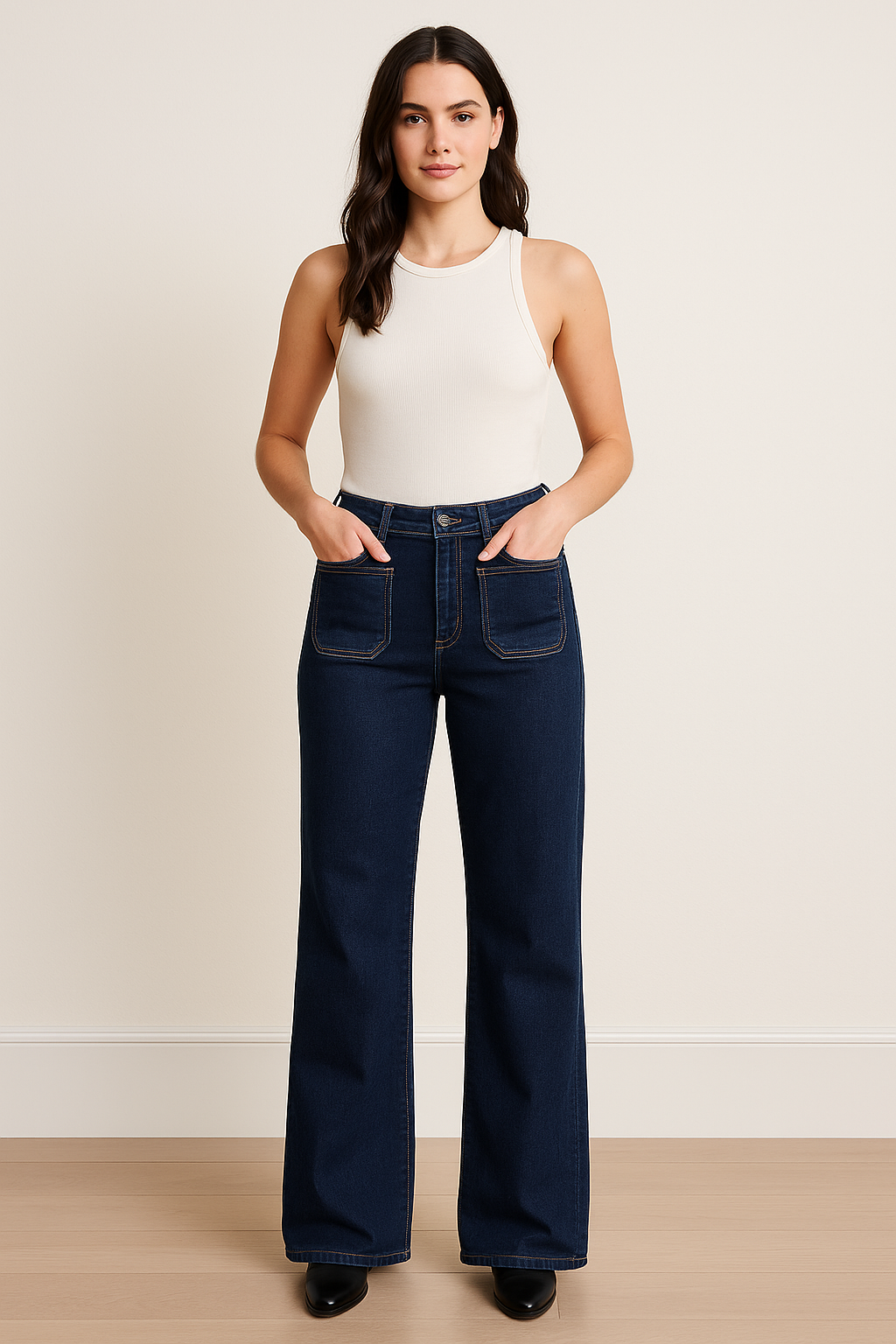 Voggo V1117 Wide-Leg Dark Denim Jeans – High Rise, Front Patch Pockets