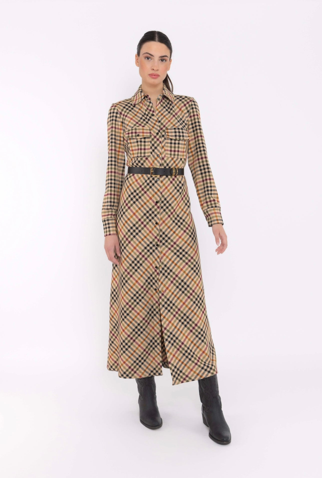 Arggido Camel Check Shirt Waister Dress – Style 49024