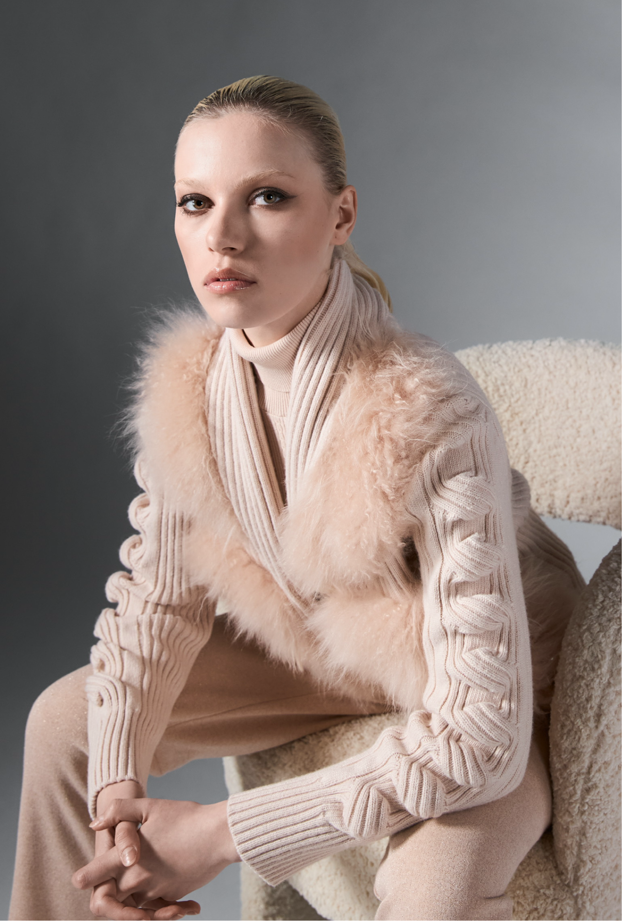 Tricot Chic Peach Rib Knit Jacket with Faux Fur Trim Style S231
