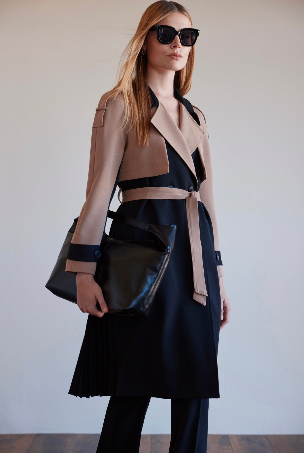 Arggido Camel & Black Trench Coat with Pleated Back – Style 49051