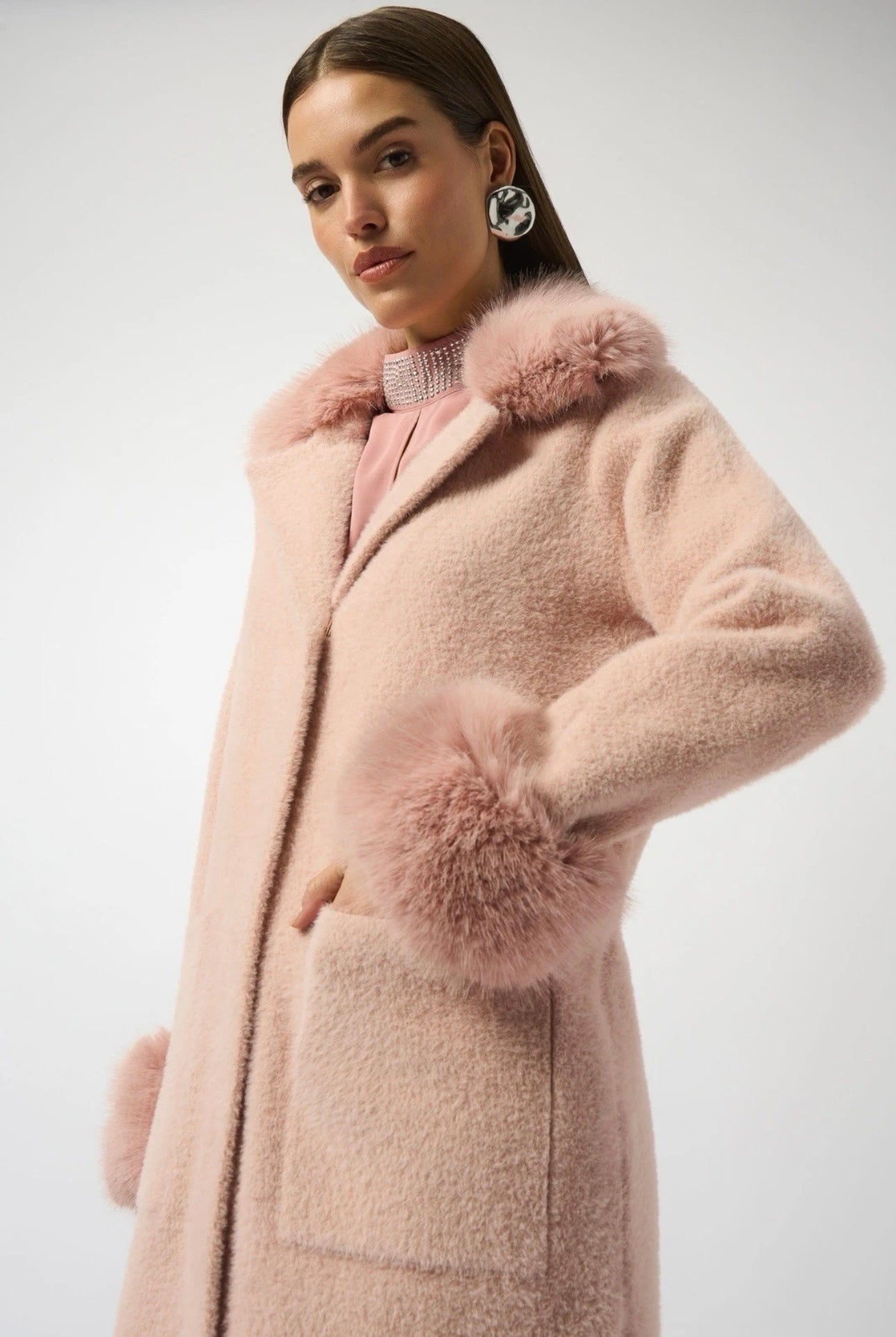 Joseph Ribkoff Feather Yarn and Faux Fur Sweater Coat
243923F25 in Rose