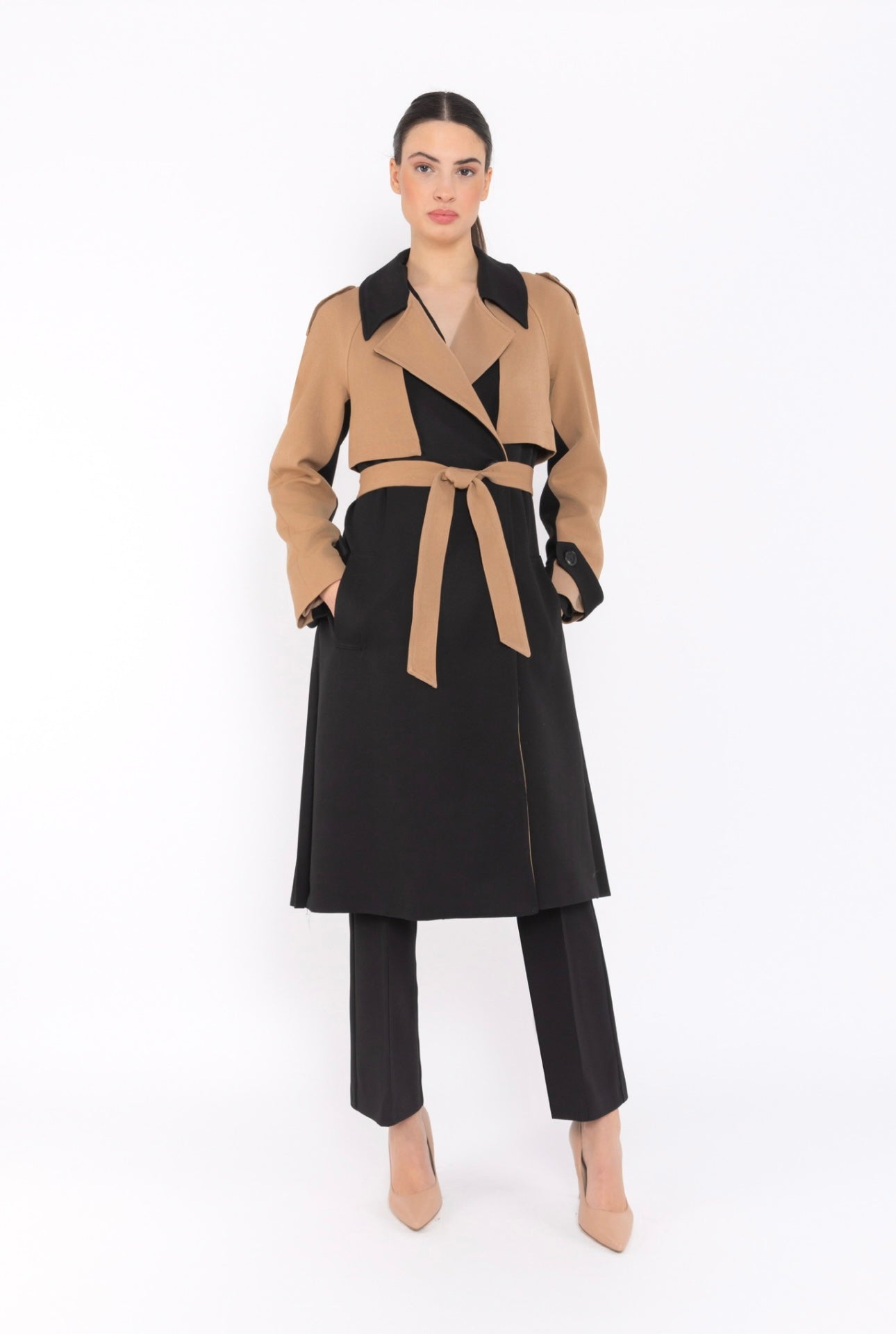 Arggido Camel & Black Trench Coat with Pleated Back – Style 49051