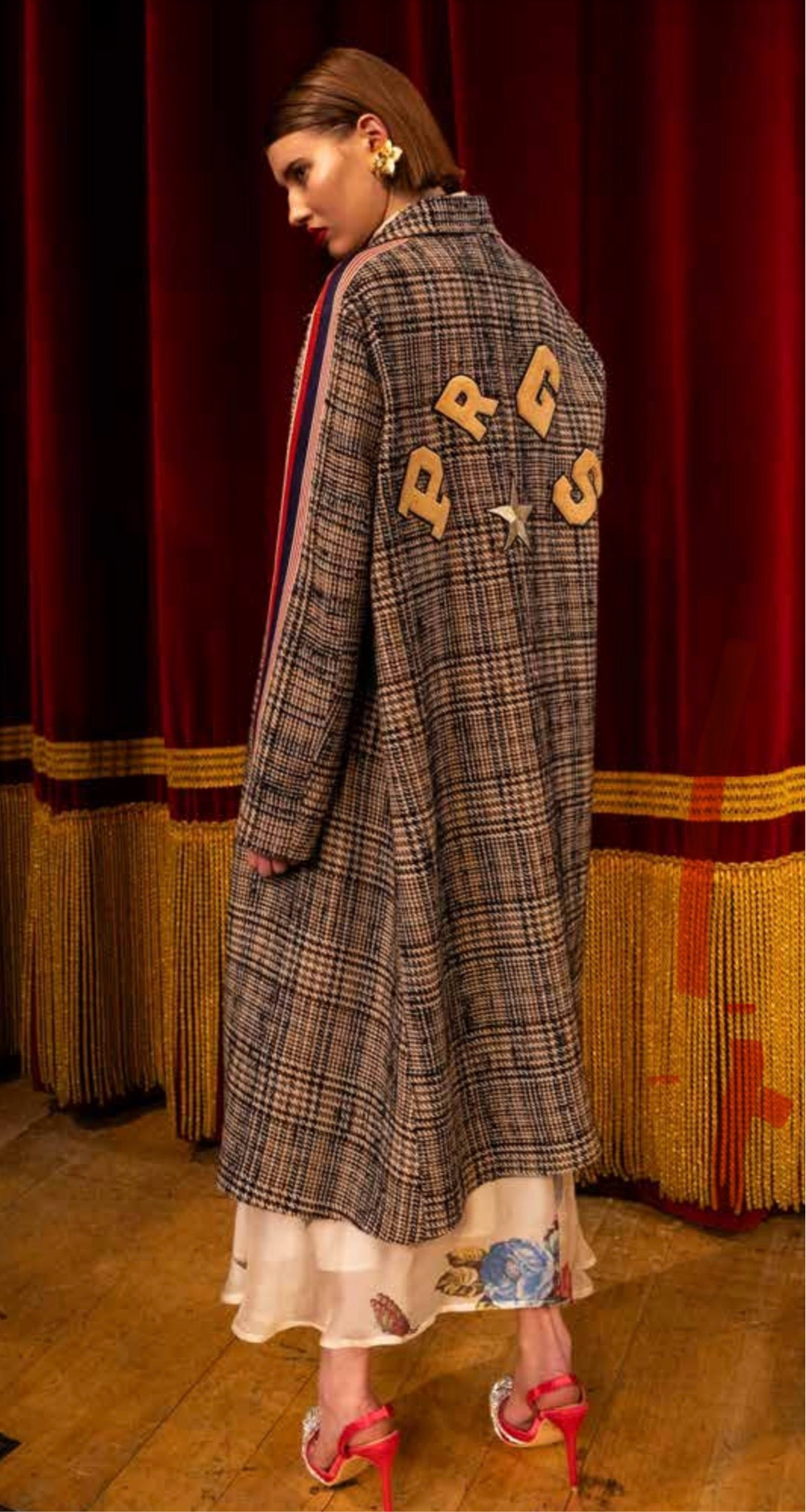 5 Progress Checked Tweed Coat with Logo Back Detail