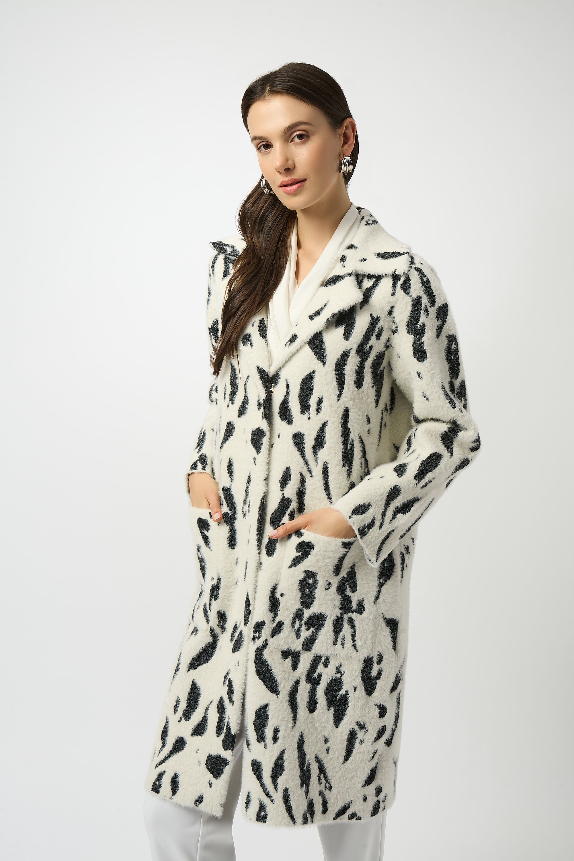 Joseph Ribkoff Feather Yarn Animal Jacquard Coat with Faux Fur Trim
253904