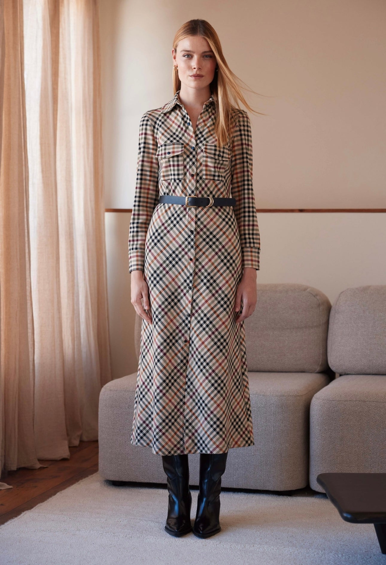 Arggido Camel Check Shirt Waister Dress – Style 49024