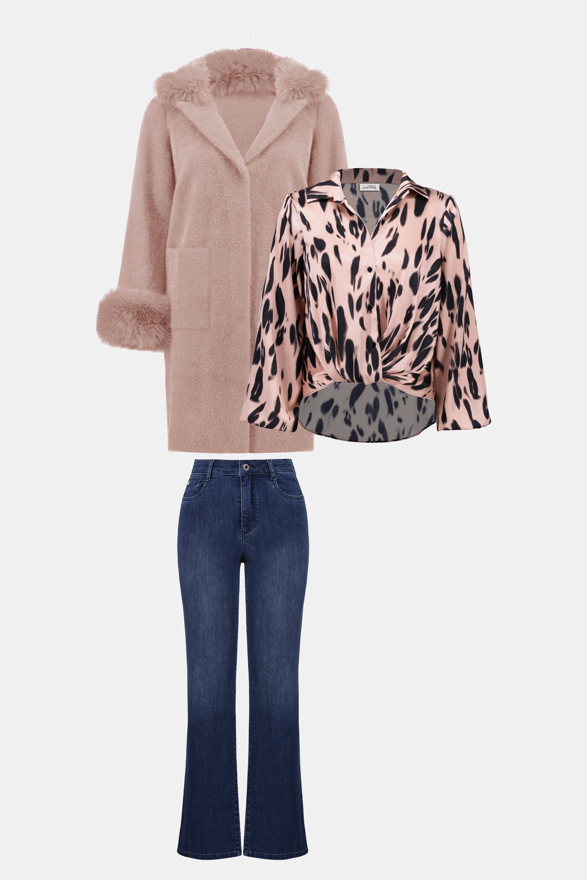 Joseph Ribkoff Feather Yarn and Faux Fur Sweater Coat
243923F25 in Rose