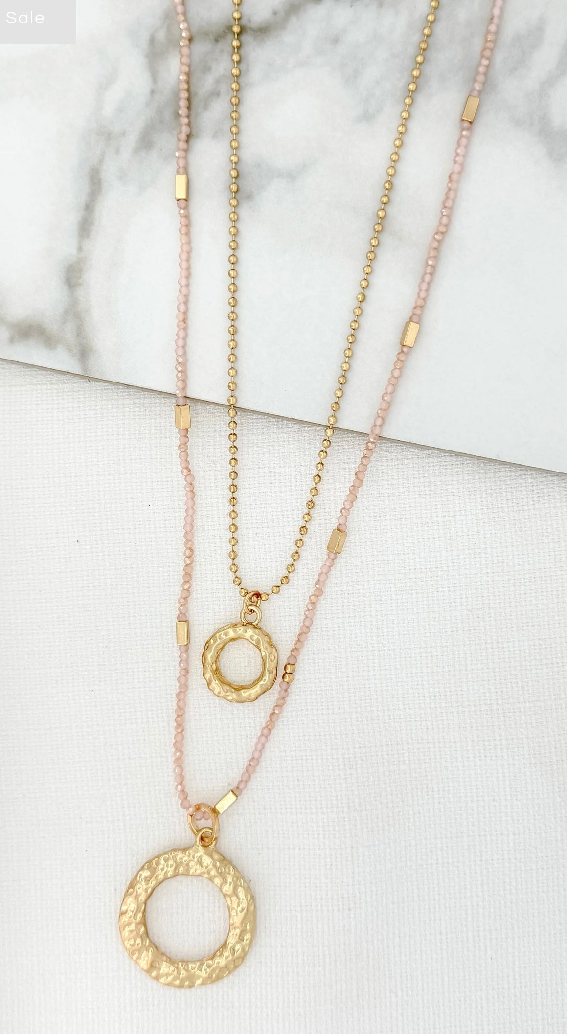 Envy Long gold and pink cristal layered necklace with circle pendants