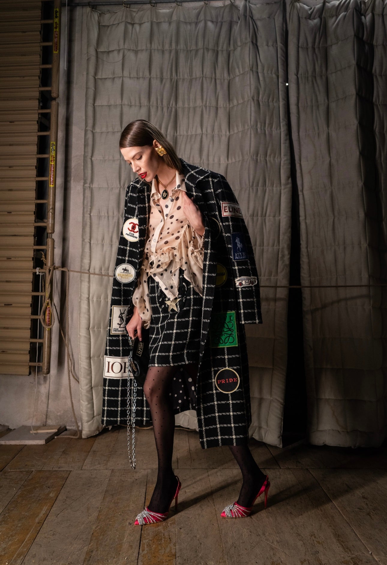 5 Progress Embellished Check Coat with Logo Patches