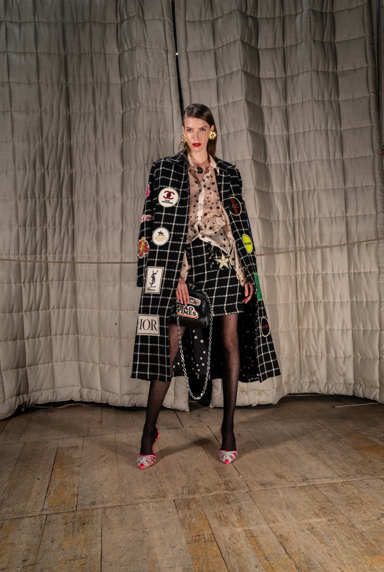 5 Progress Embellished Check Coat with Logo Patches