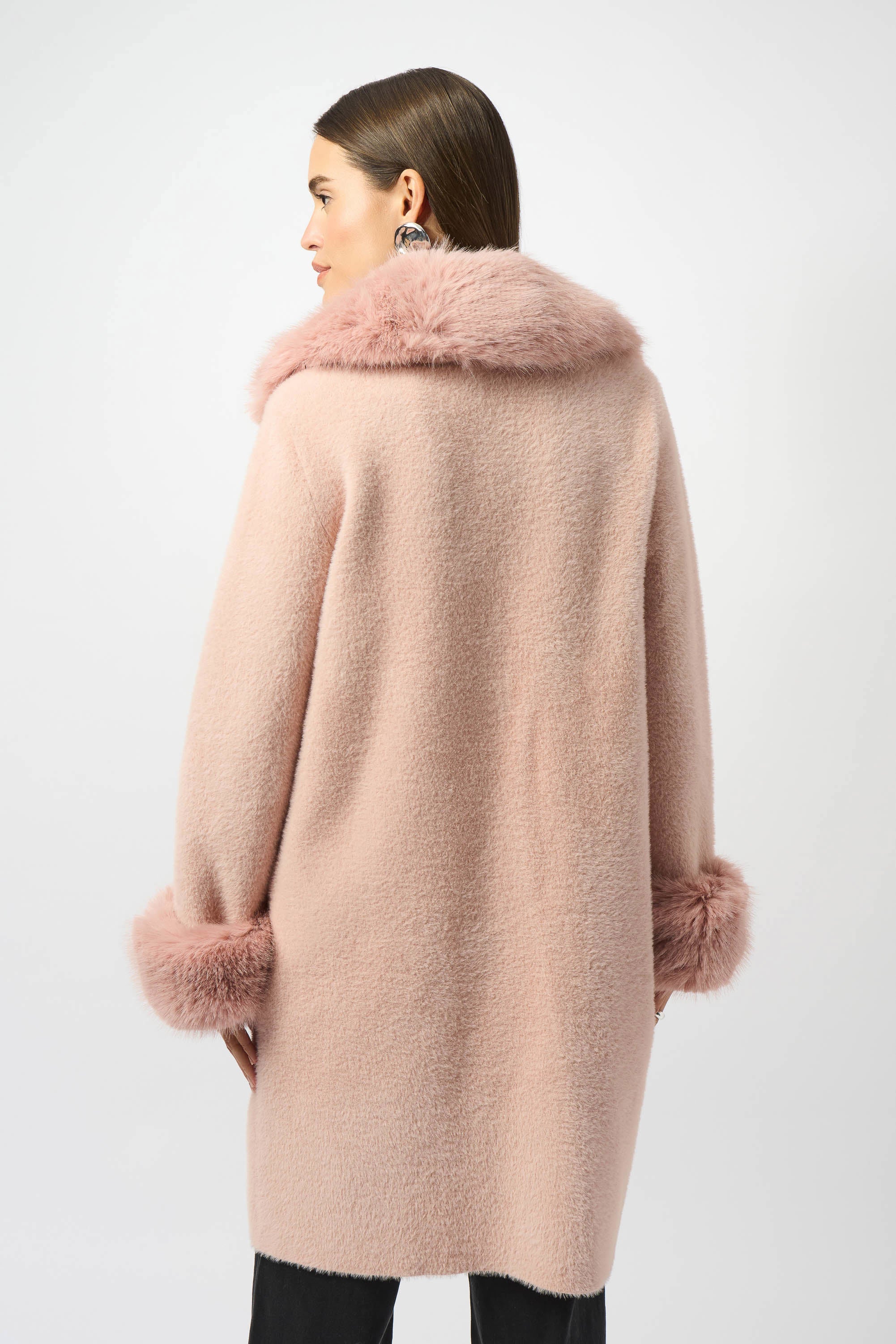 Joseph Ribkoff Feather Yarn and Faux Fur Sweater Coat
243923F25 in Rose
