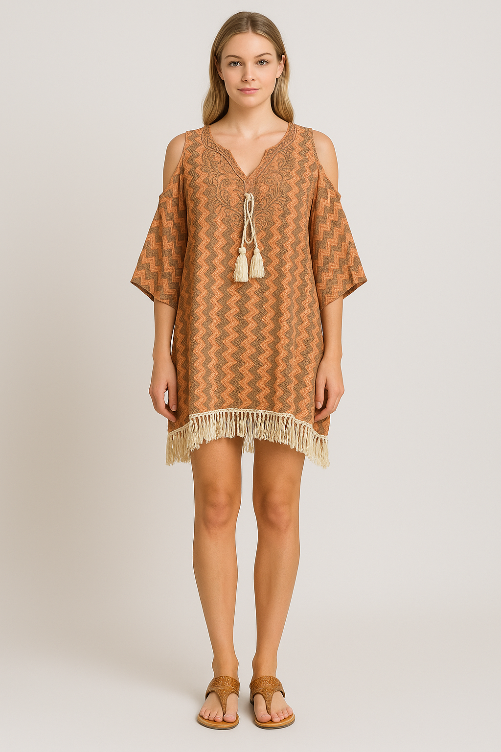 Foreva Young Boho Zig-Zag Pattern Tunic – Chic Cold Shoulder Kaftan with Tassel Hem