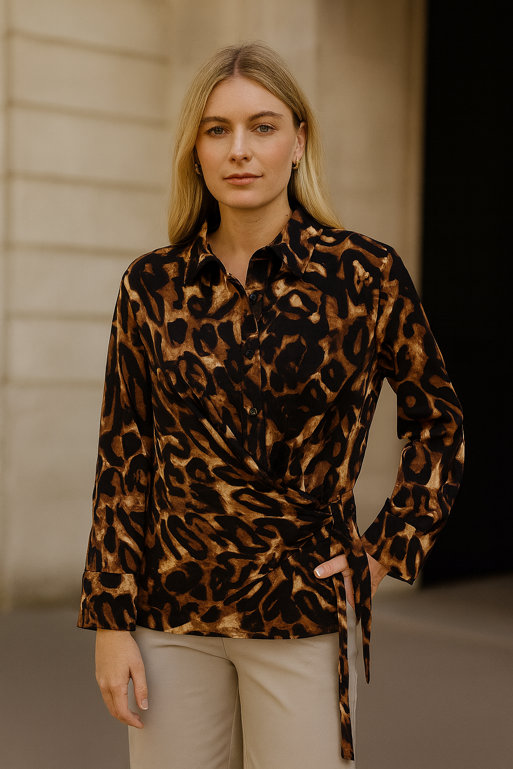 Malissa J ASH-53 Leopard Print Wrap Shirt
