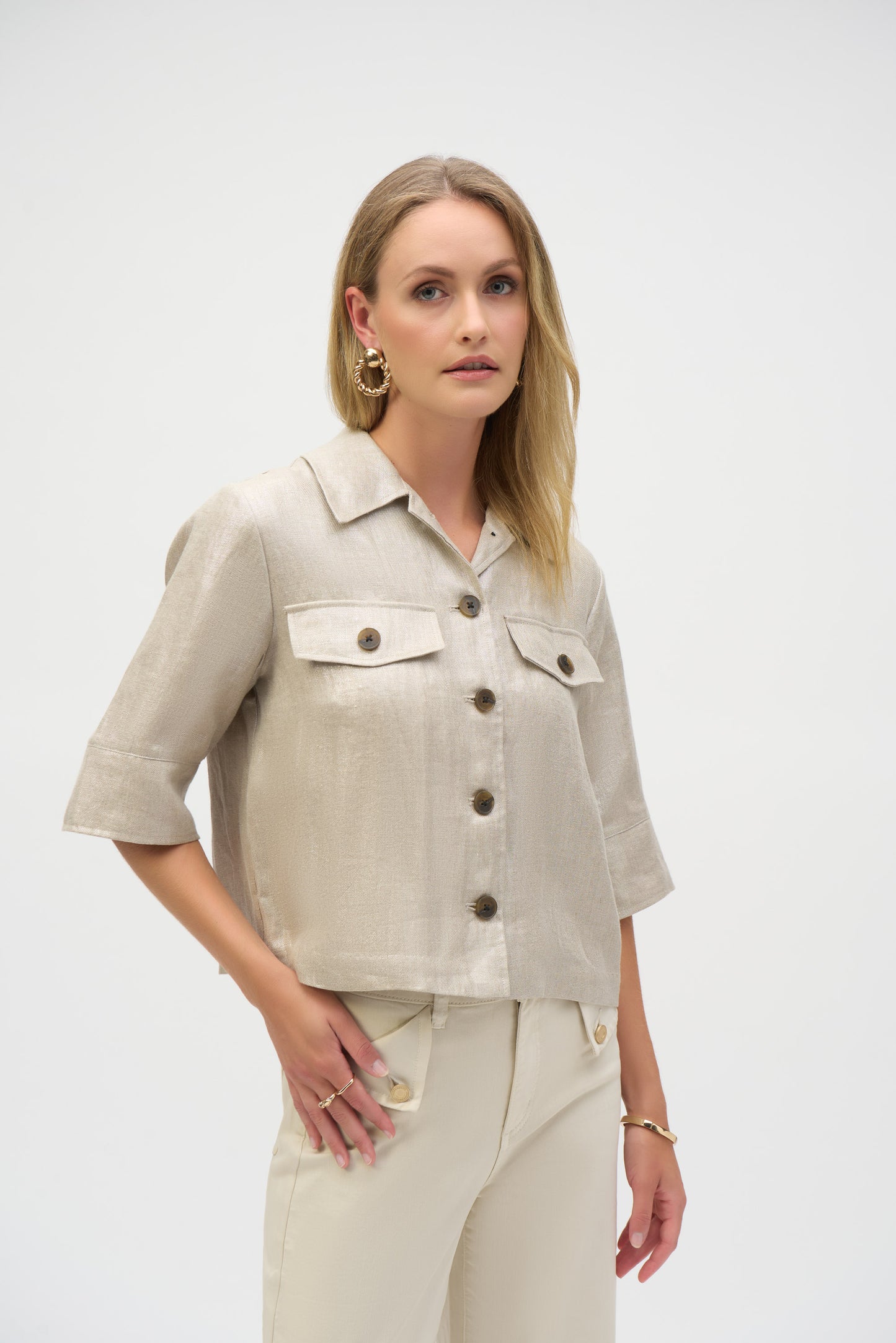 Joseph Ribkoff Foiled Linen Blend Short Sleeve Boxy Jacket
252921