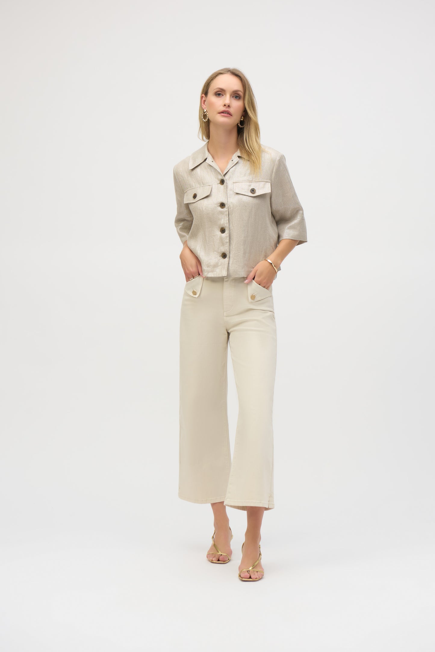 Joseph Ribkoff Foiled Linen Blend Short Sleeve Boxy Jacket
252921