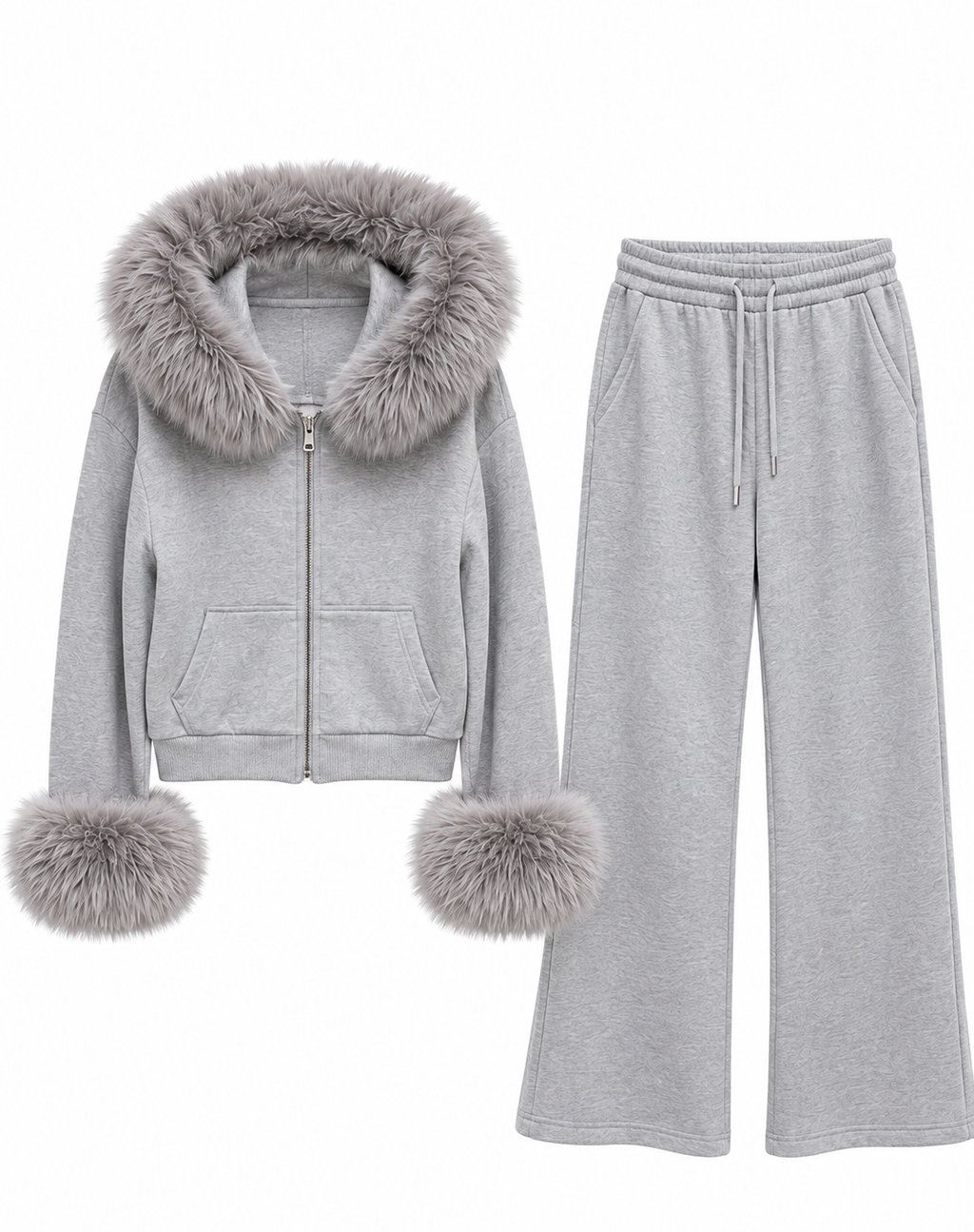 Flam Mode Luxury Two-Piece Set with Detachable Faux Fur – Light Grey
