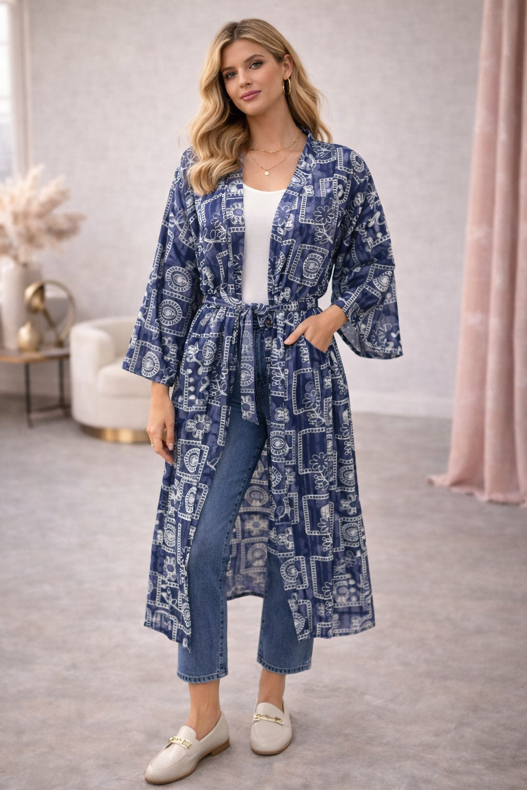 Malissa J Blue & White Print Kimono – One Size