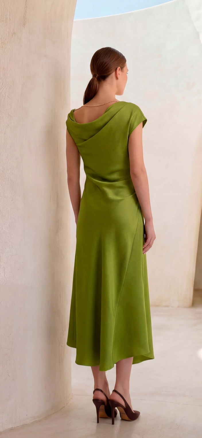 Carla Ruiz Green Satin Draped Midi Dress