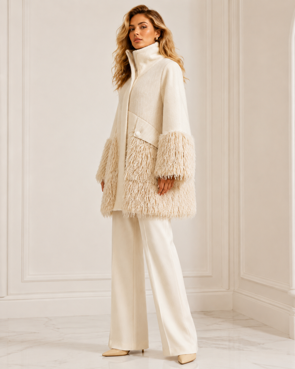Tricot Chic Ivory Textured Faux Fur Detail Coat – Style Z752/C – UK 10