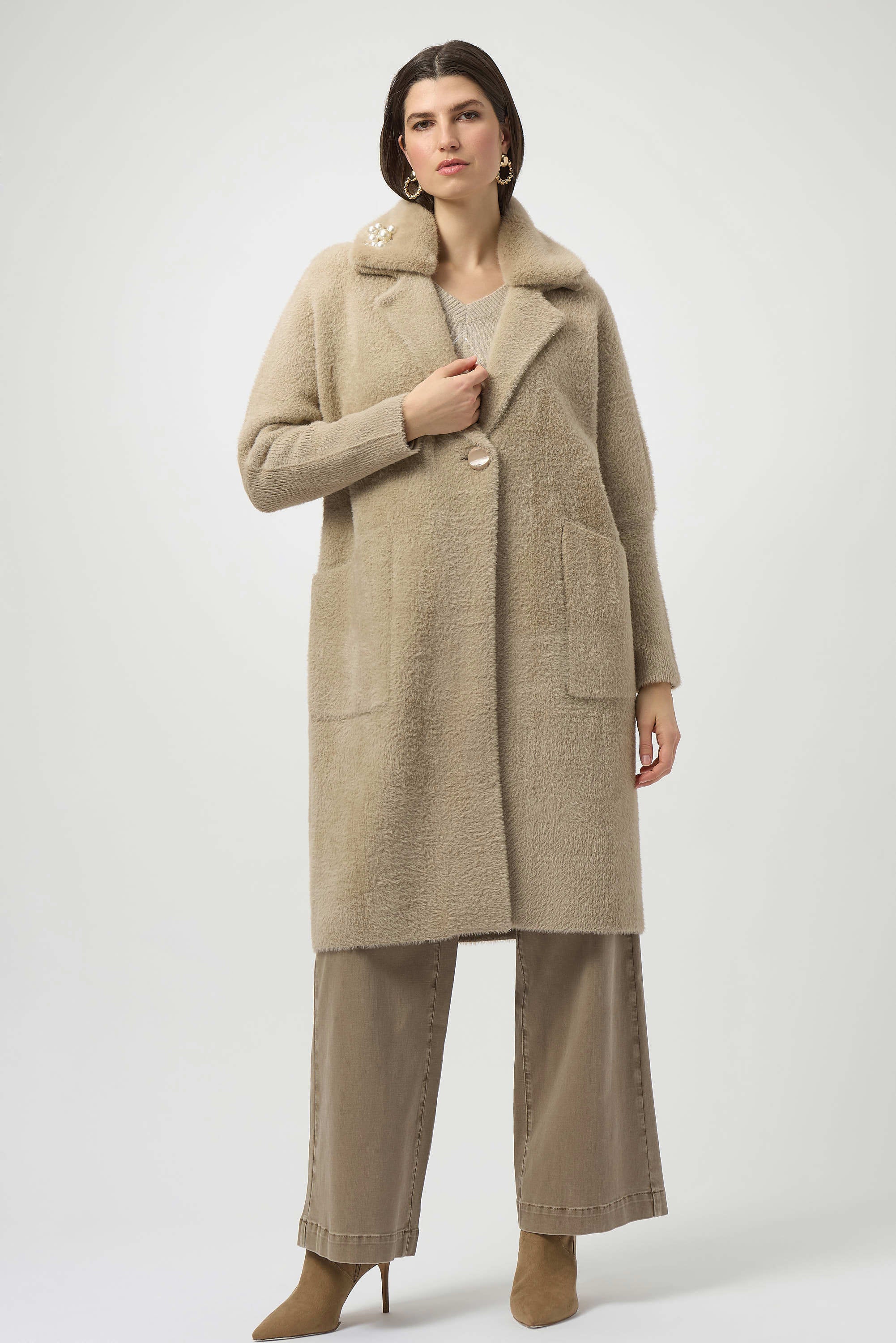 Pre- Order - Joseph Ribkoff Feather Yarn and Faux Fur Sweater Coat
254954 in Fawn
