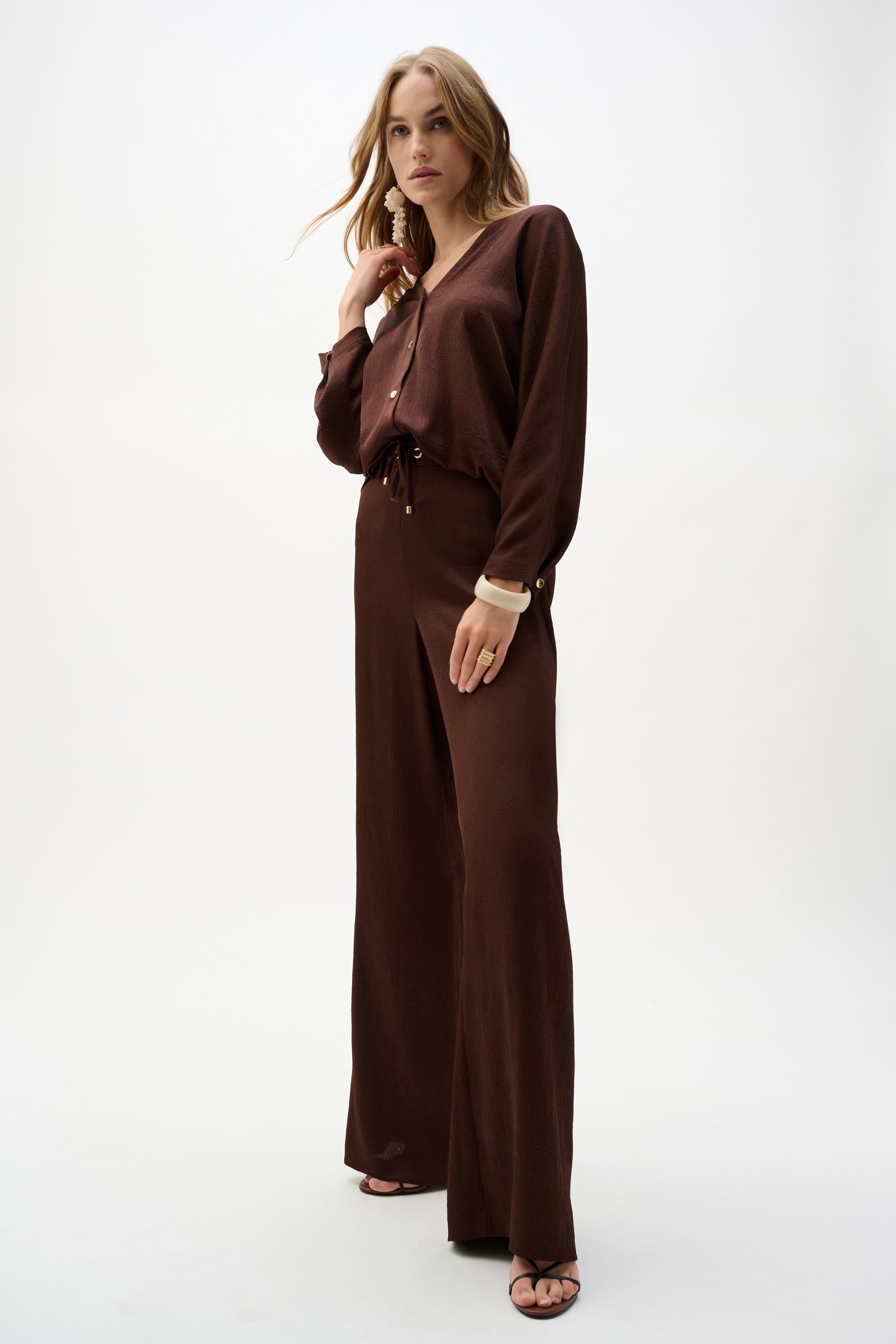 Joseph Ribkoff Crushed Satin Wide Leg Pull-On Pants With Drawstring In Mahogany