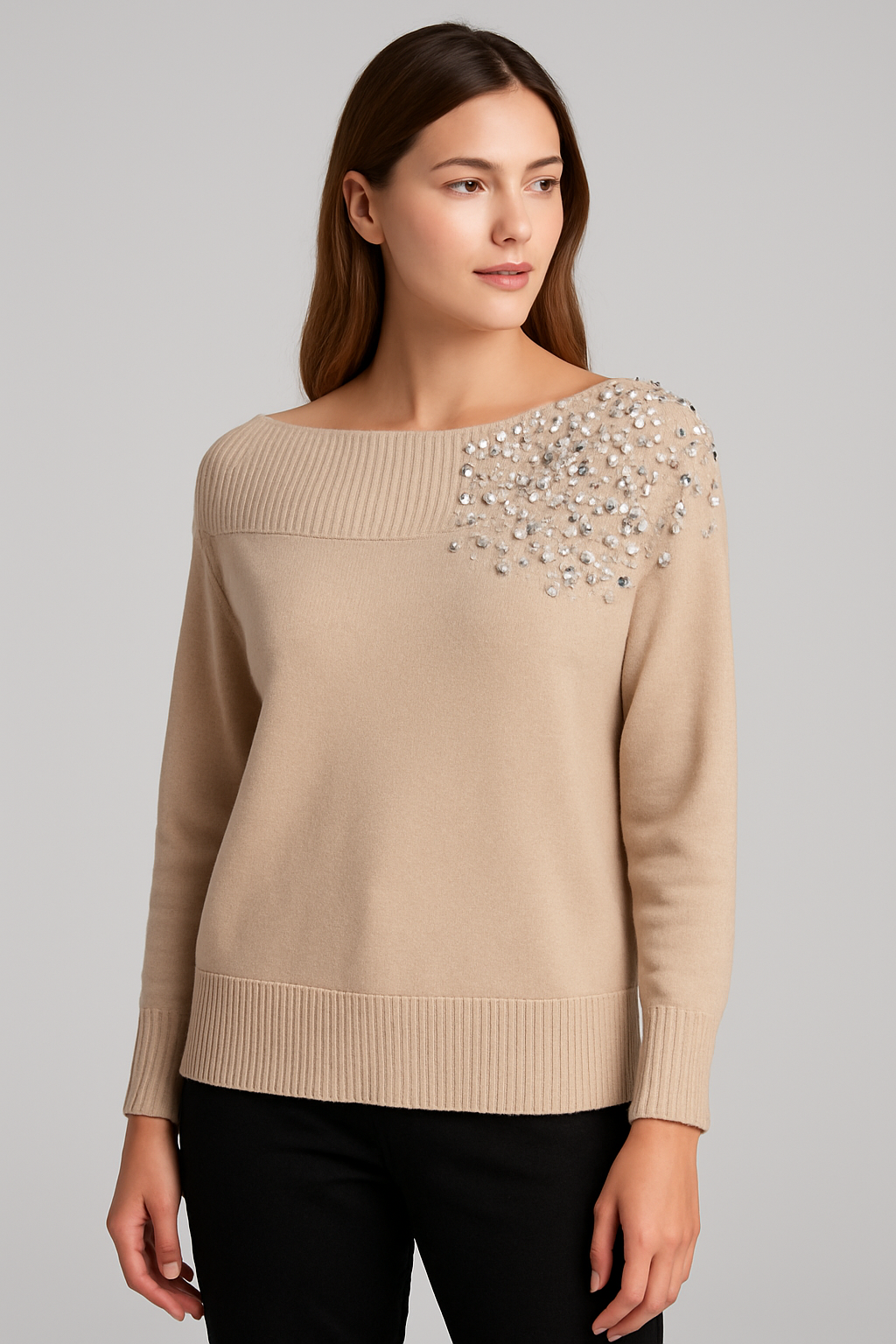 Malissa J Beige Embellished Off-Shoulder Knit Sweater – One Size