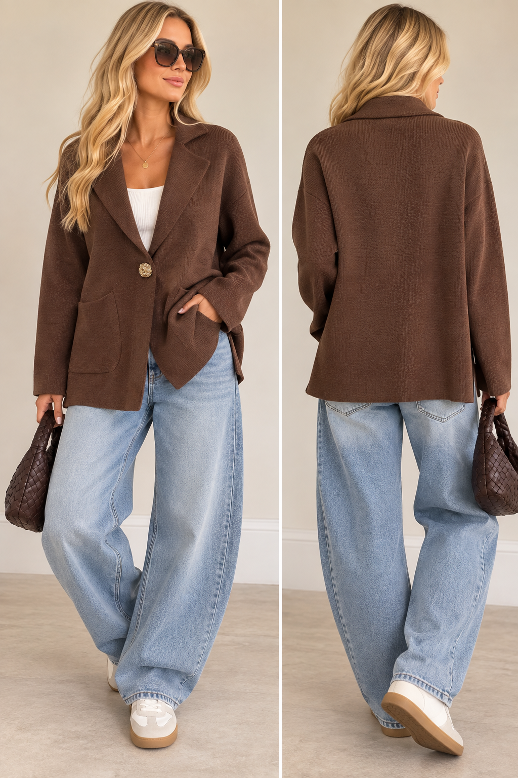Relaxed Knitted Blazer with Gold Statement Button