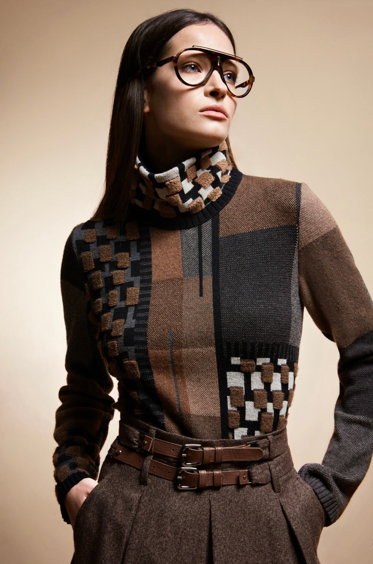 Tricot Chic Geometric Roll Neck Sweater – Black, Camel & Grey