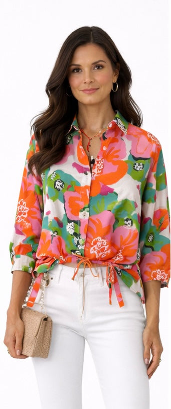 Malissa J Tropical Flower Drawstring Hem Shirt - One Size