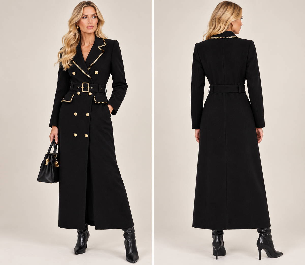 Luxury Gold Detail Belted Maxi Coat Dress – Black, Burgundy & Chocolate