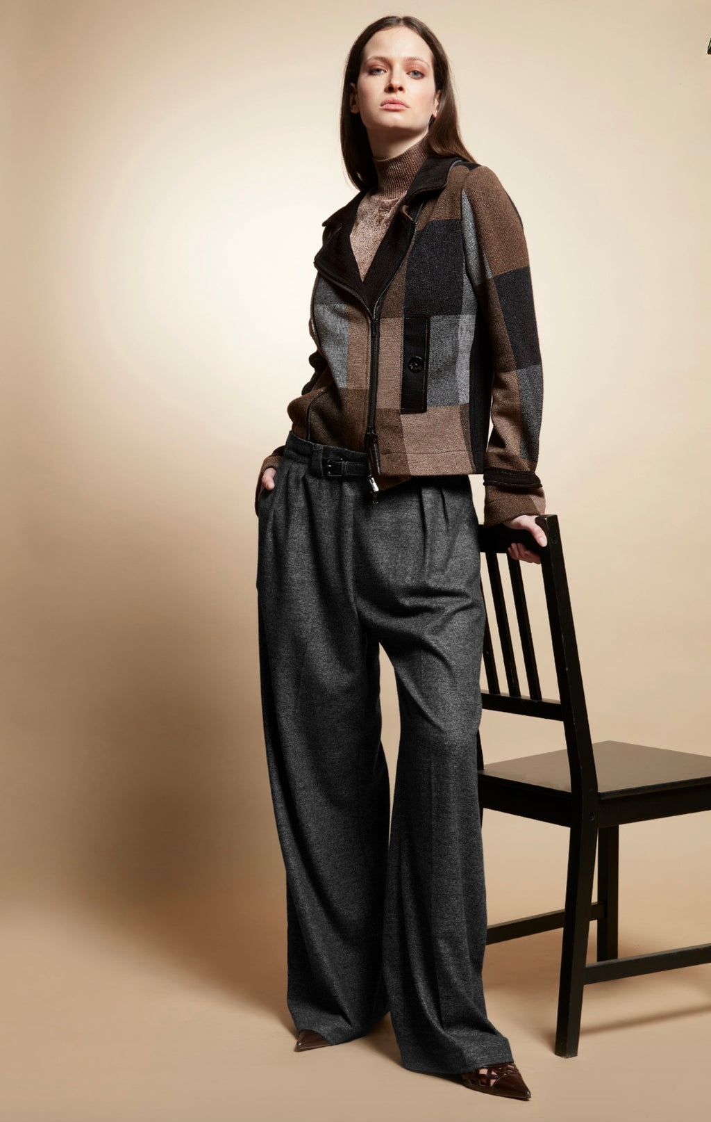 Tricot Chic Geometric Roll Neck Sweater – Black, Camel & Grey