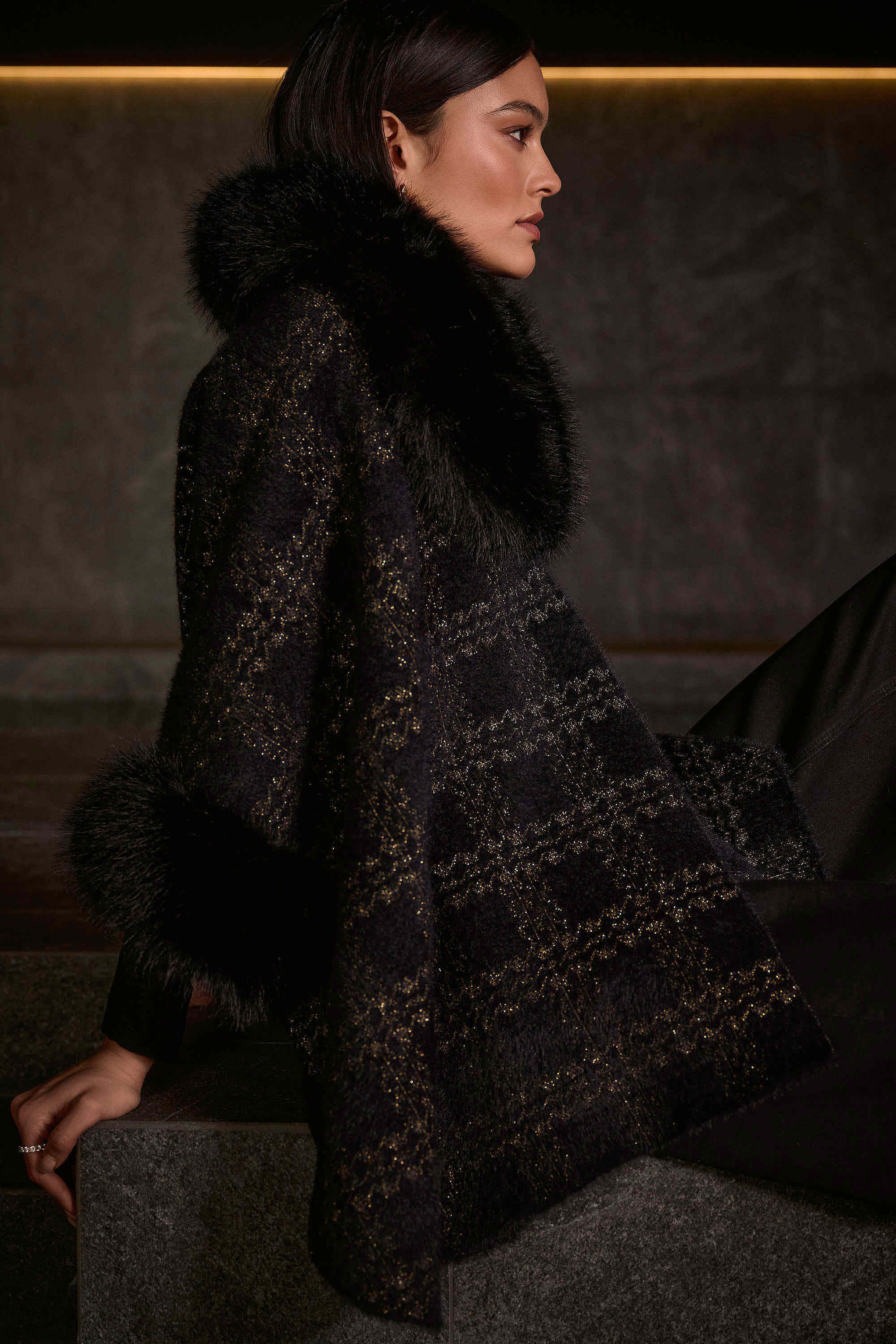 Joseph Ribkoff Jacquard Sweater Knit Cape with Faux Fur Accents
254934 One Size