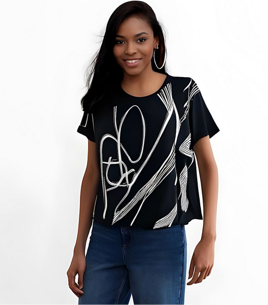 Malissa J Black T-Shirt with White Swirl Detail One Size Style WF2453