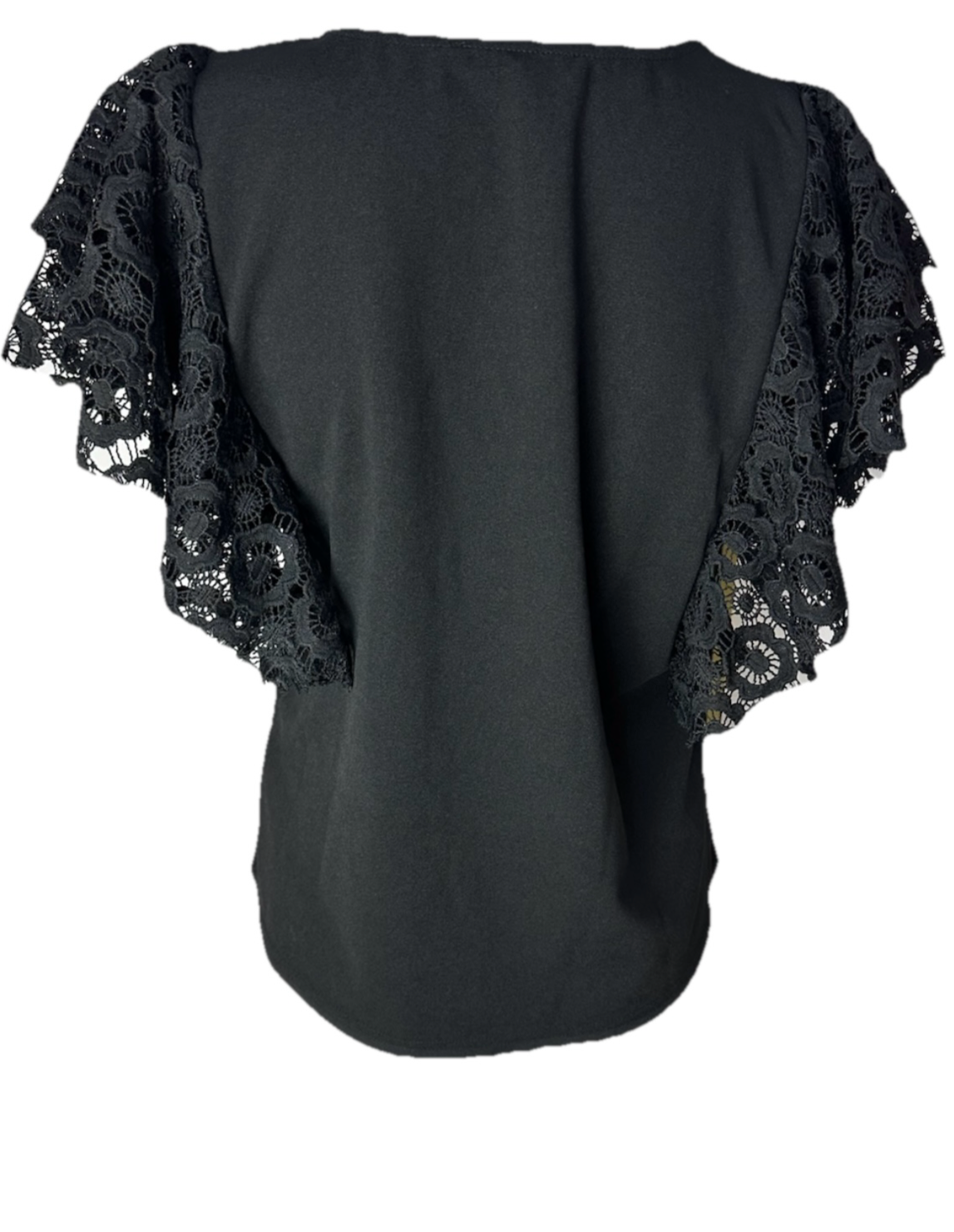 Malissa J Black V Neck Top With Tiered Lace Sleeves WF1705