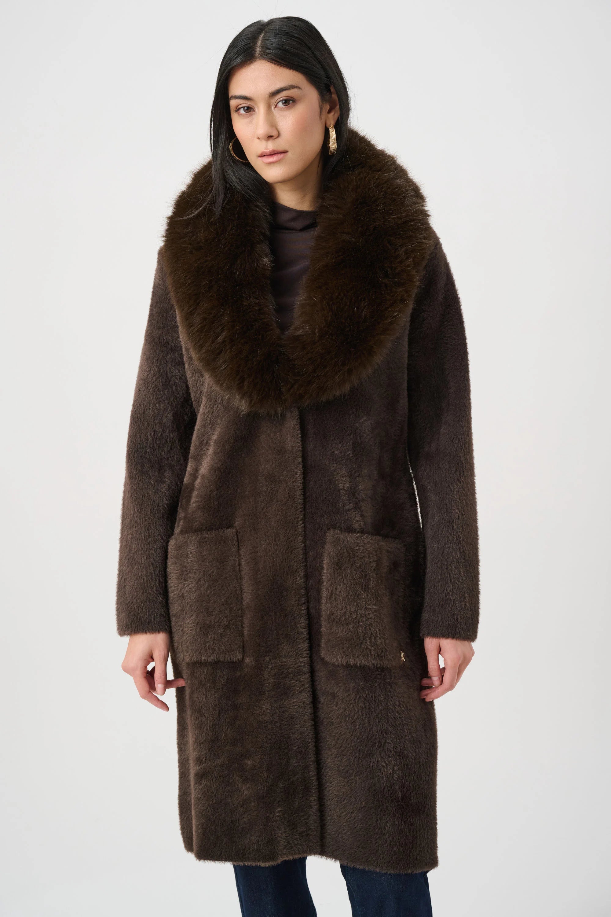 Joseph Ribkoff Feather Yarn Coat With Detachable Faux Fur Collar
263973 Mocha