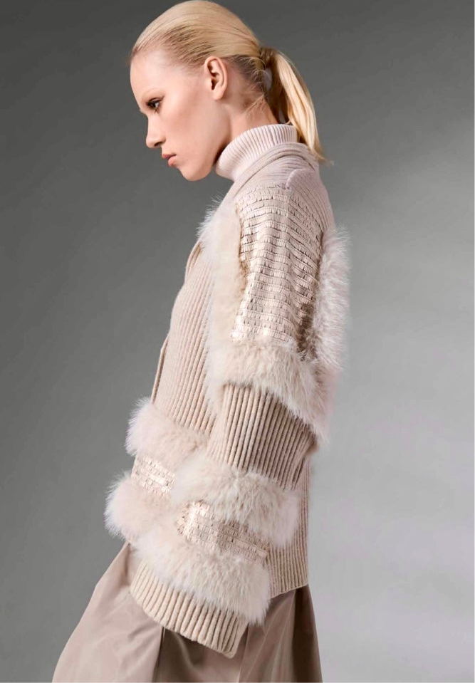 Tricot Chic Oyster Cardigan Jacket with Matte Sequins & Faux Fur Trim Style S150