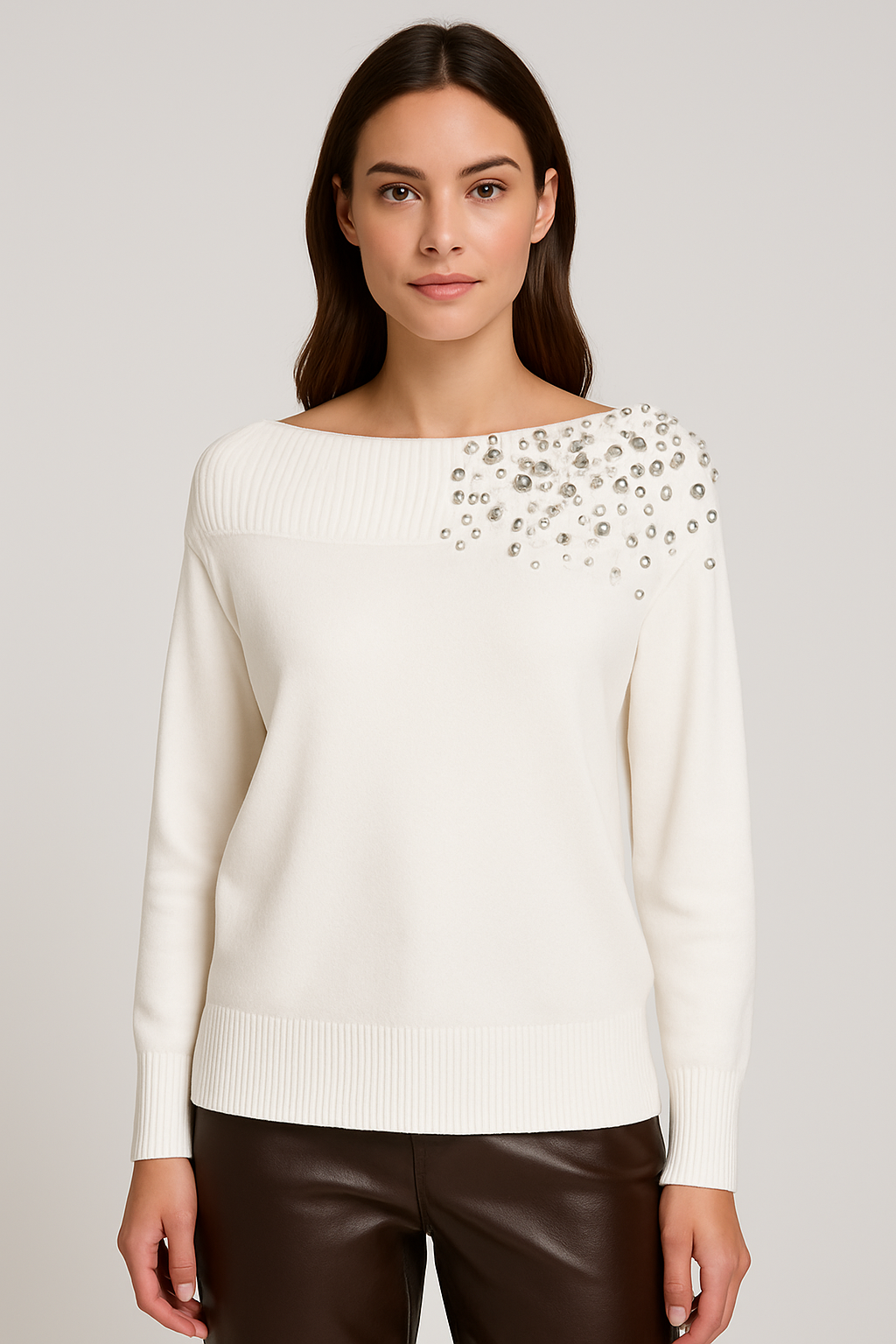 Malissa J White Embellished Knit Sweater – One Size