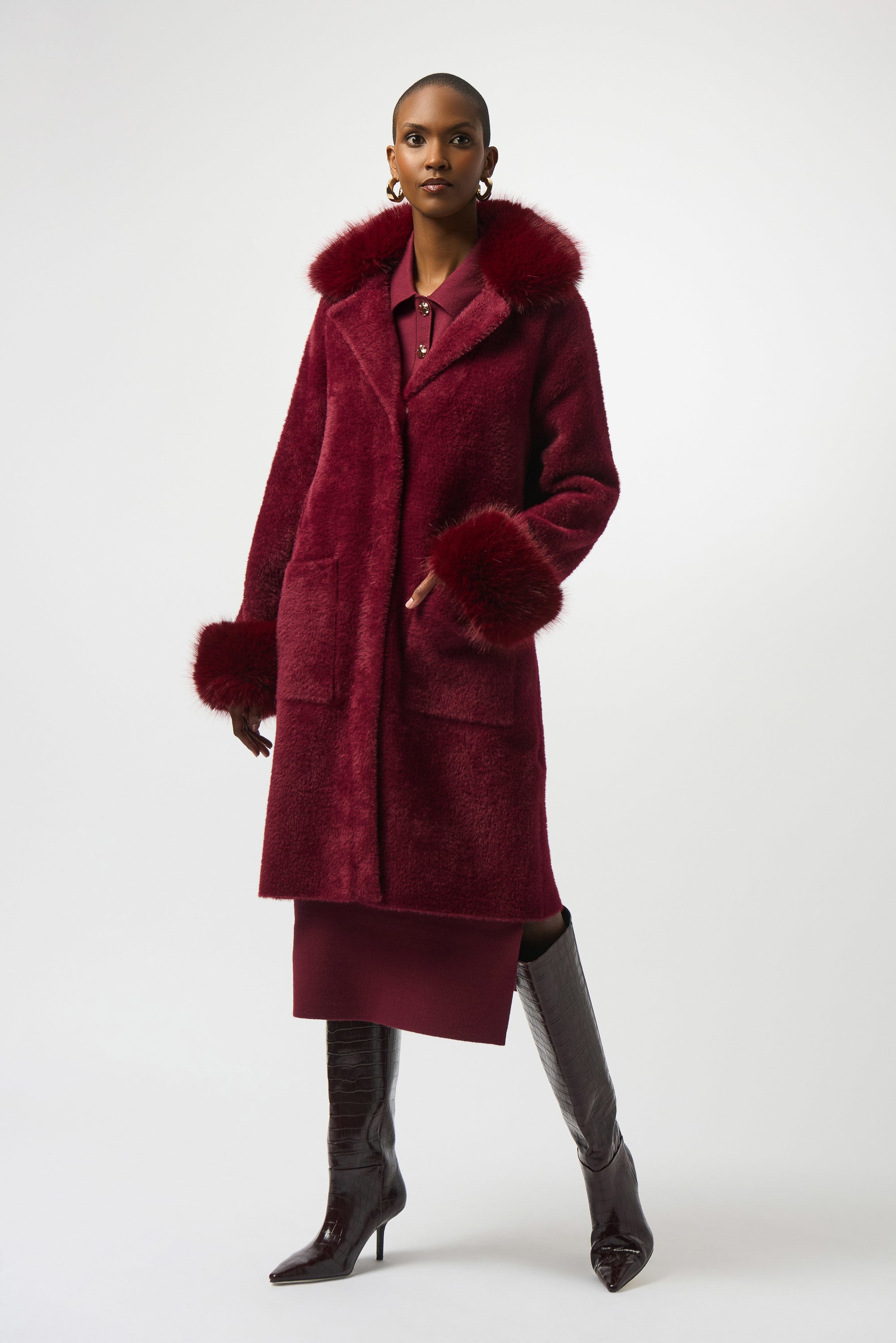 Joseph Ribkoff Feather Yarn and Faux Fur Sweater Coat
243923F25 in Merlot