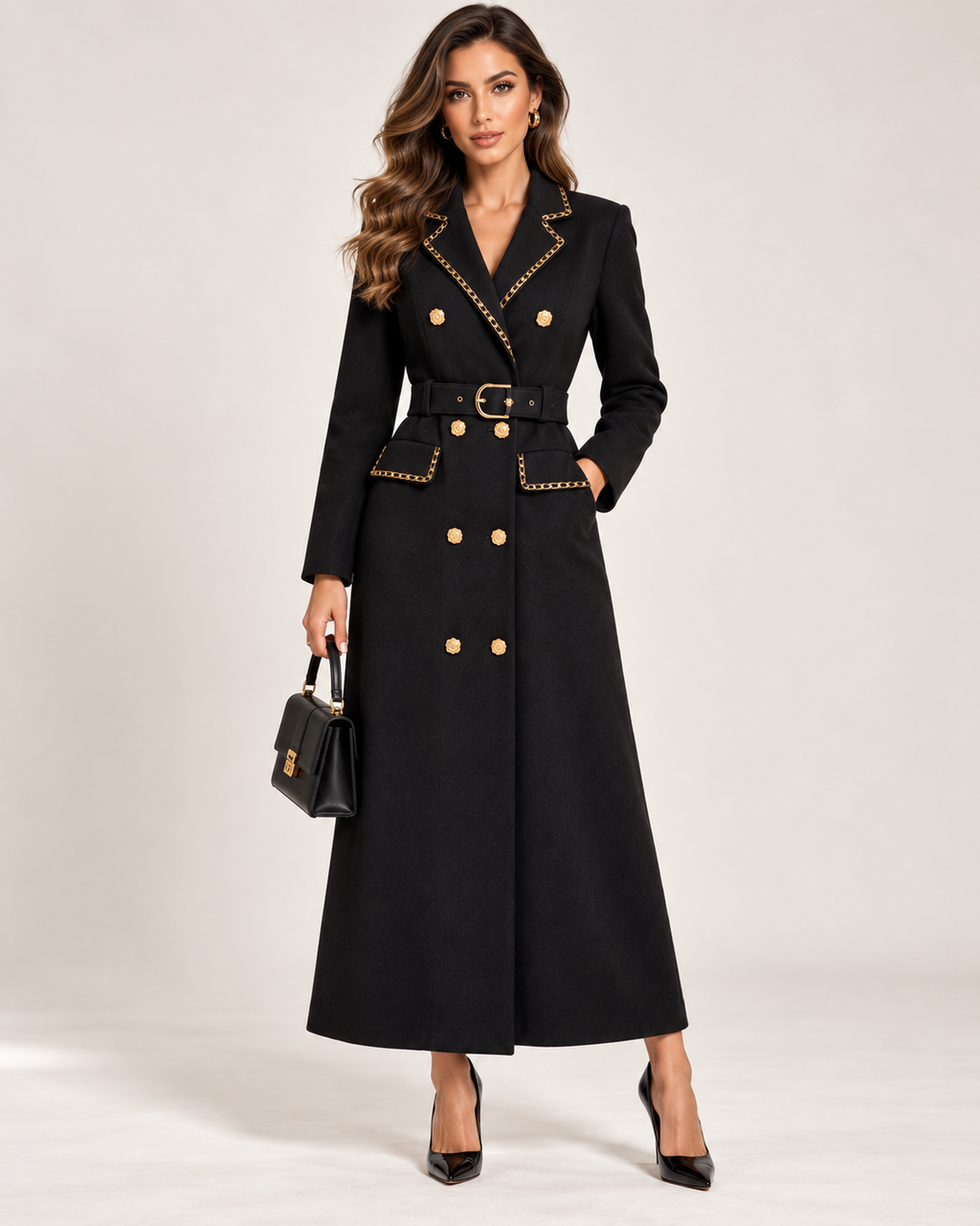 Luxury Gold Detail Belted Maxi Coat Dress – Black, Burgundy & Chocolate