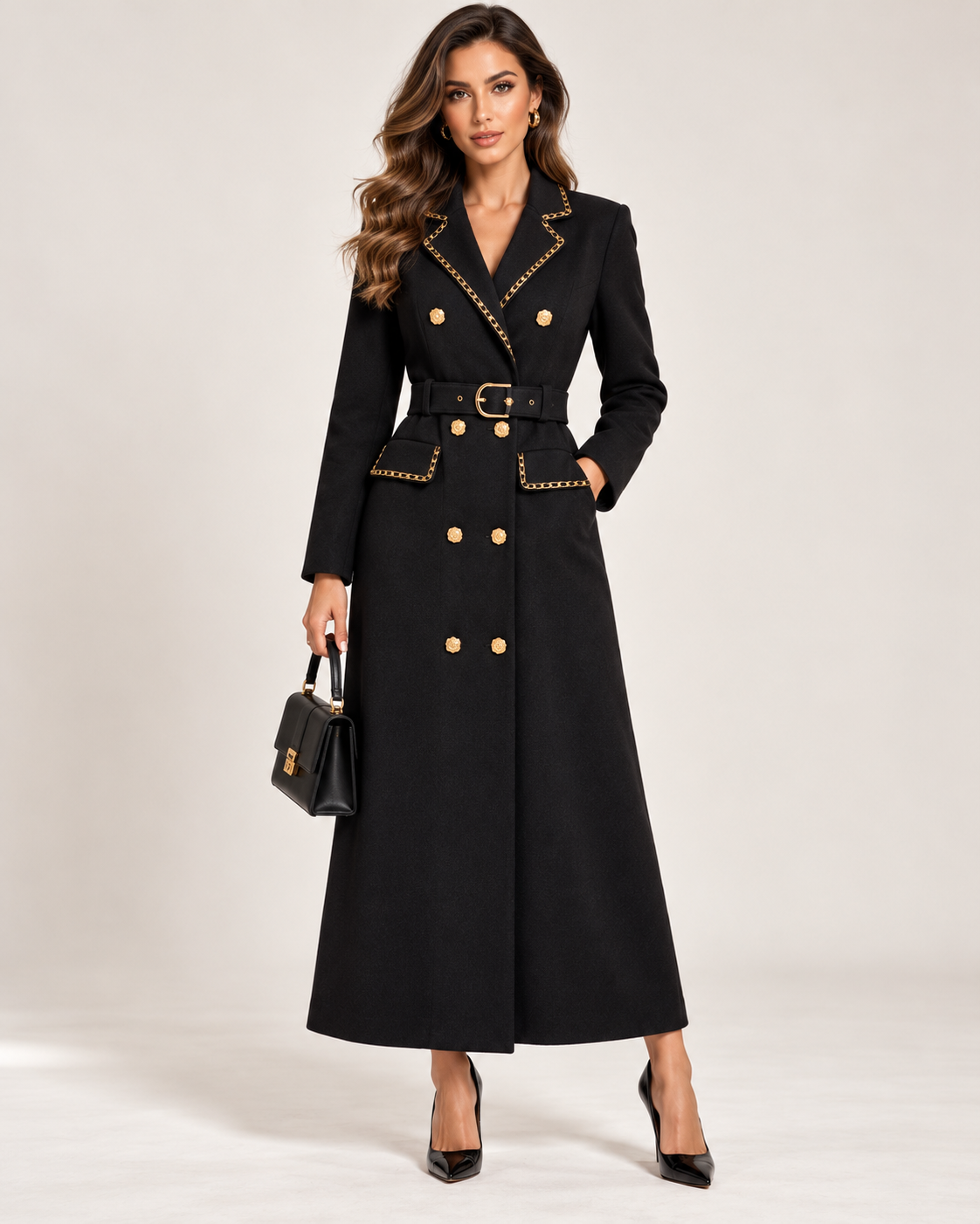 Luxury Gold Detail Belted Maxi Coat Dress – Black, Burgundy & Chocolate