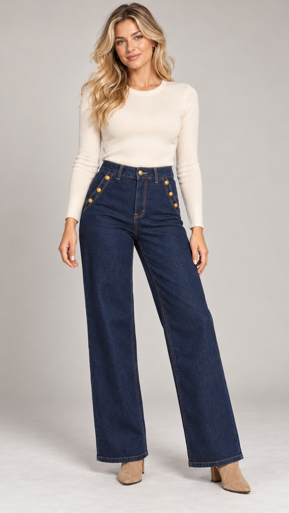 Voggo V3033 High-Waisted Wide Leg Jeans – Dark Indigo Denim – Gold Button Detail