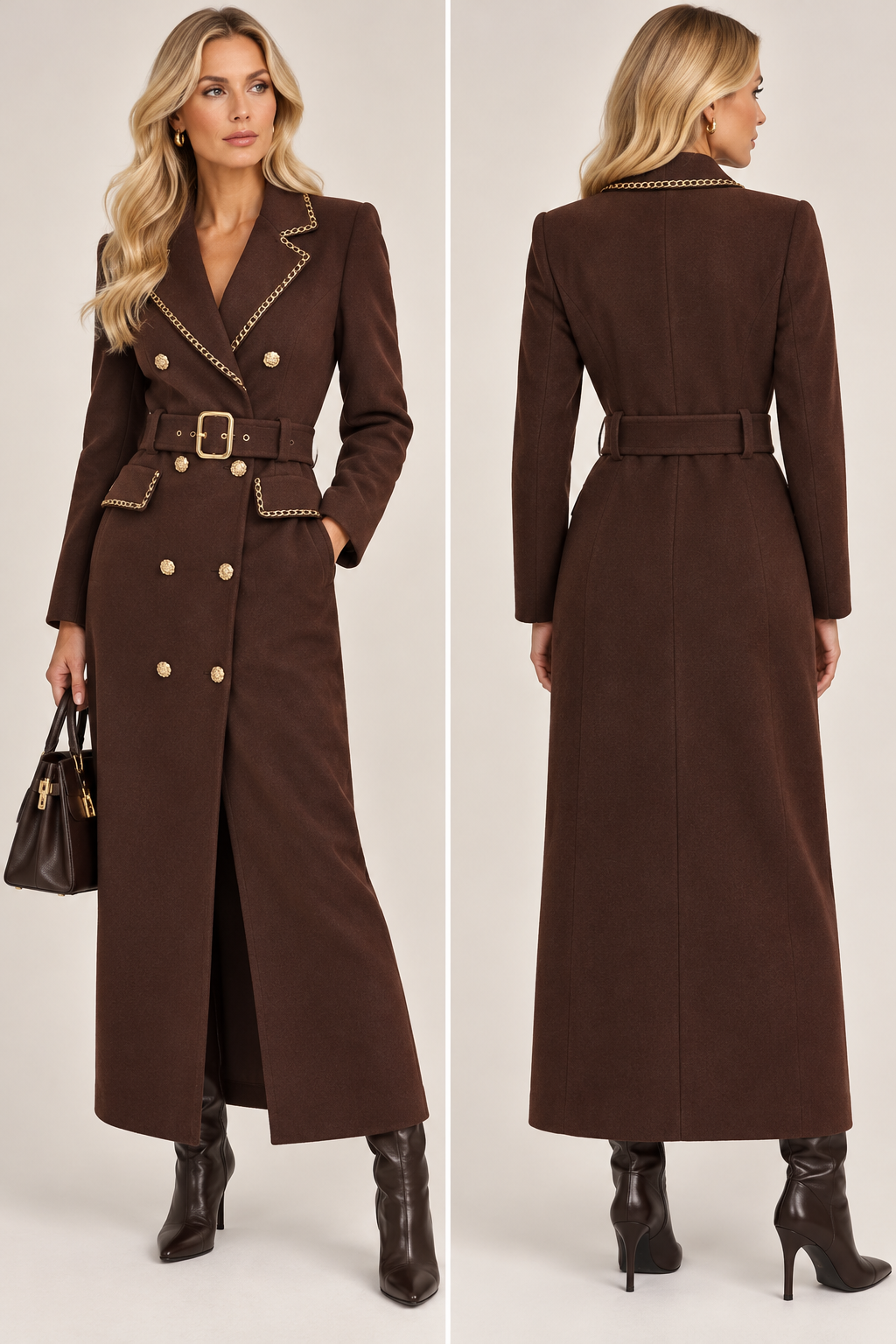 Luxury Gold Detail Belted Maxi Coat Dress – Black, Burgundy & Chocolate